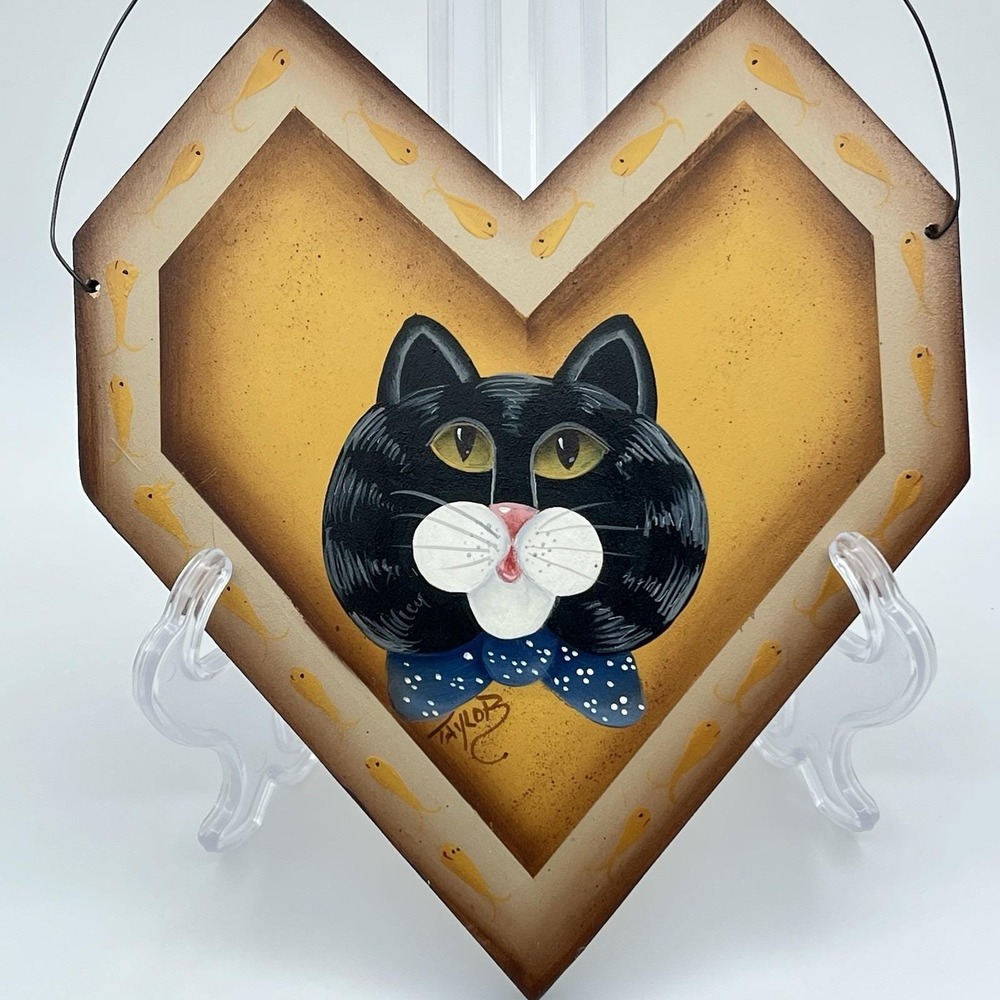 Vintage 1990's Cat Black Tabby Wood Rustic Country Painted Plaque Wall Decor 12"